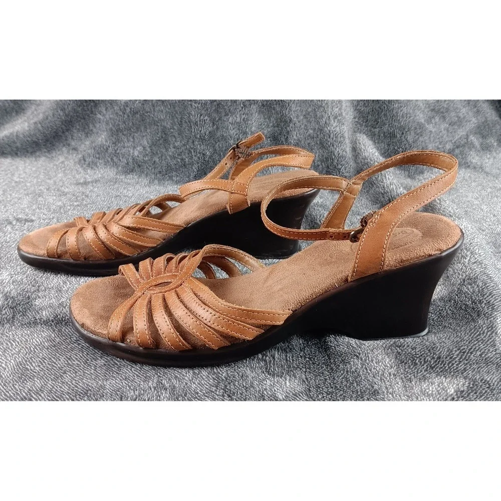 Dr Scholls Womens Tan Leather‎ Wedge Sandals Ankle Strap Comfort Shoes Size 7.5